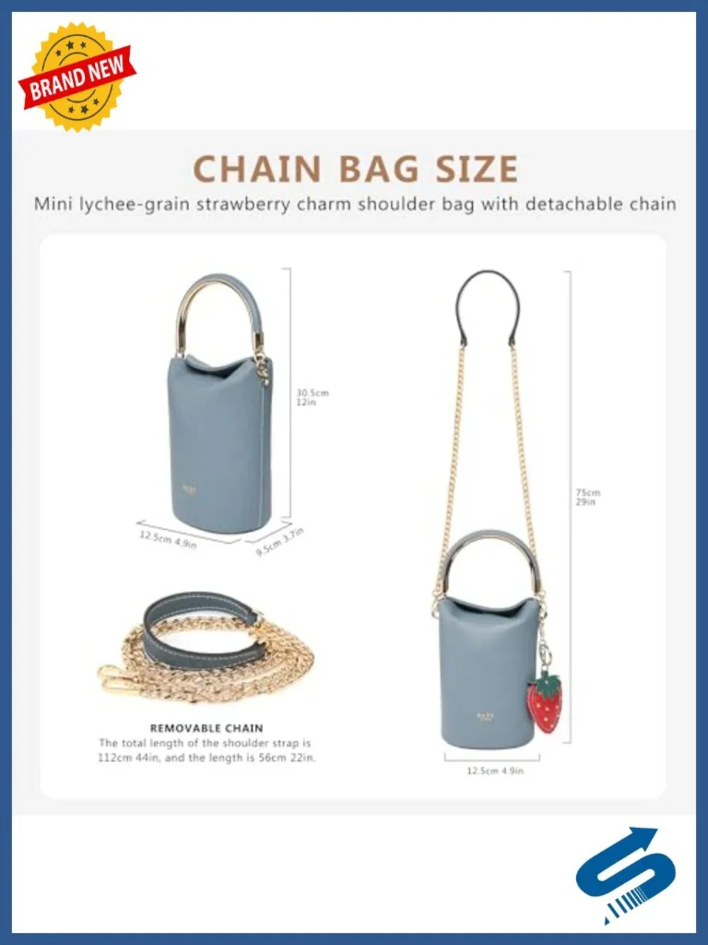 Genuine Leather Bucket Bag Convertible Crossbody Handbag with Strawberry Charm